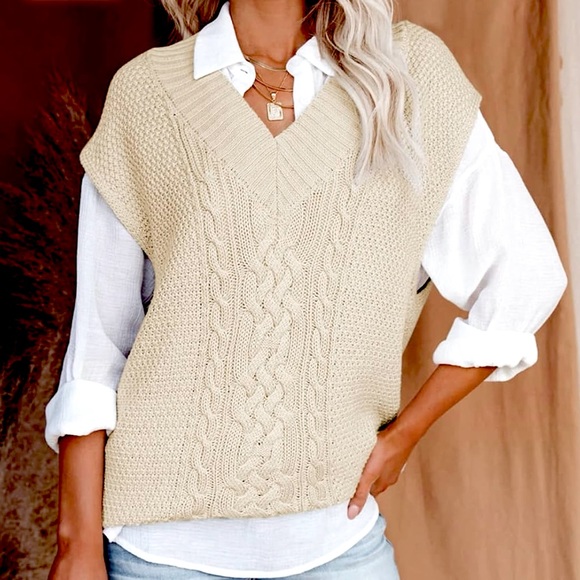 Vintage V-Neck Cable Loose Knit Beige Cream Off White Pullover Sweater Vest - Picture 6 of 8